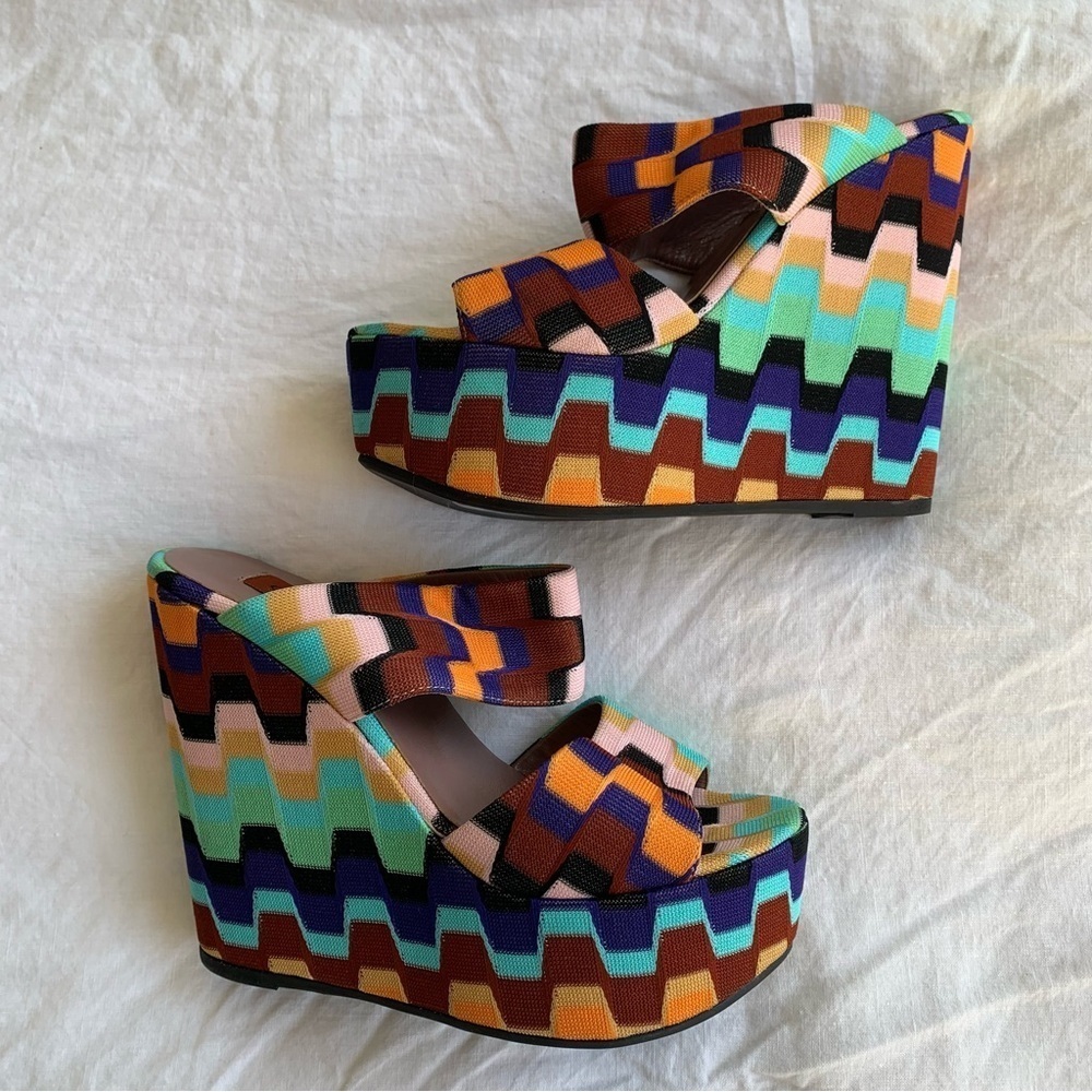 Missoni Rainbow Print Chevron Knit Strap Strappy Platform Chunky Wedges Heels